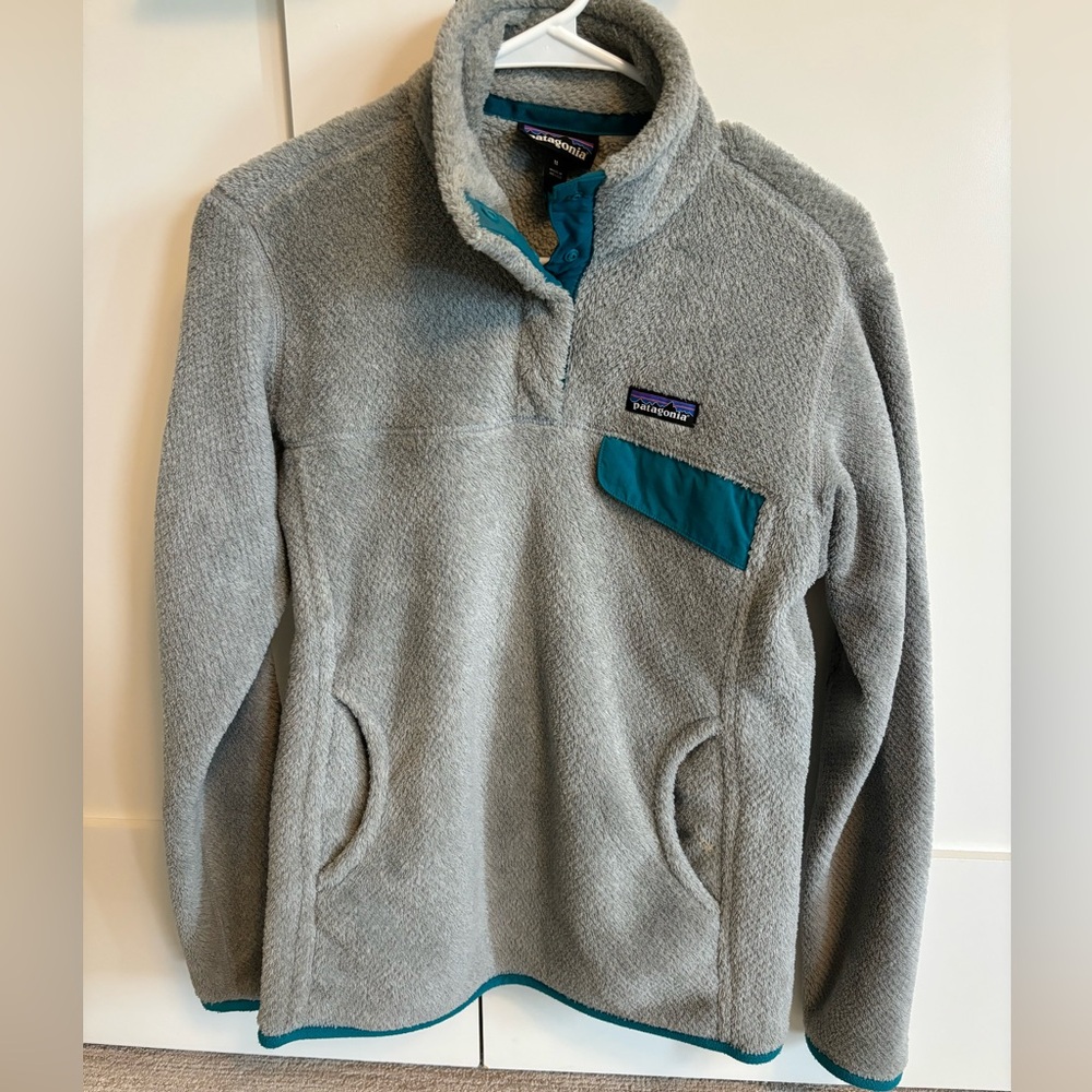 Patagonia snap t fleece pullover - gray and teal, size medium